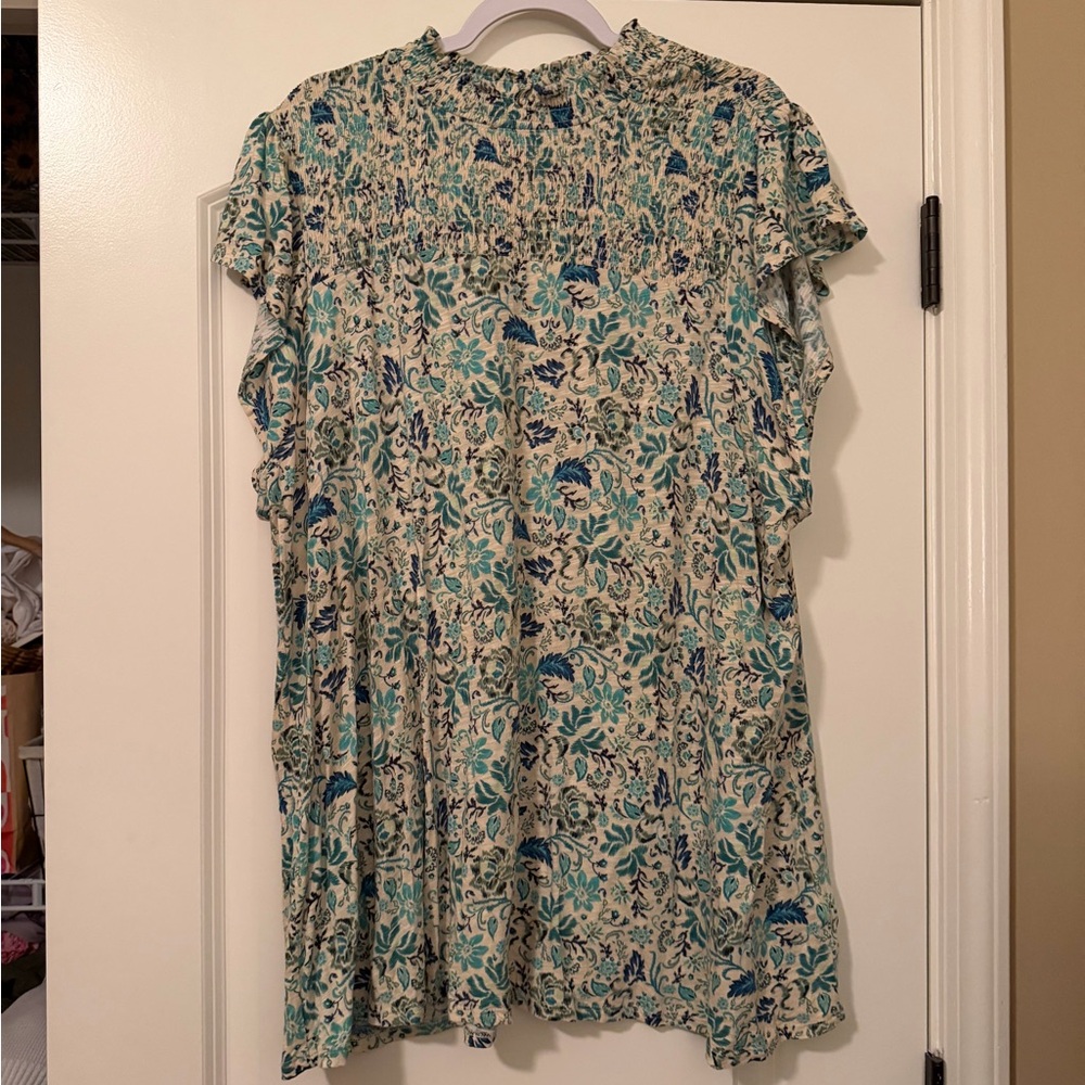 Floral Smocked Cap Sleeve Top - Blue/Teal